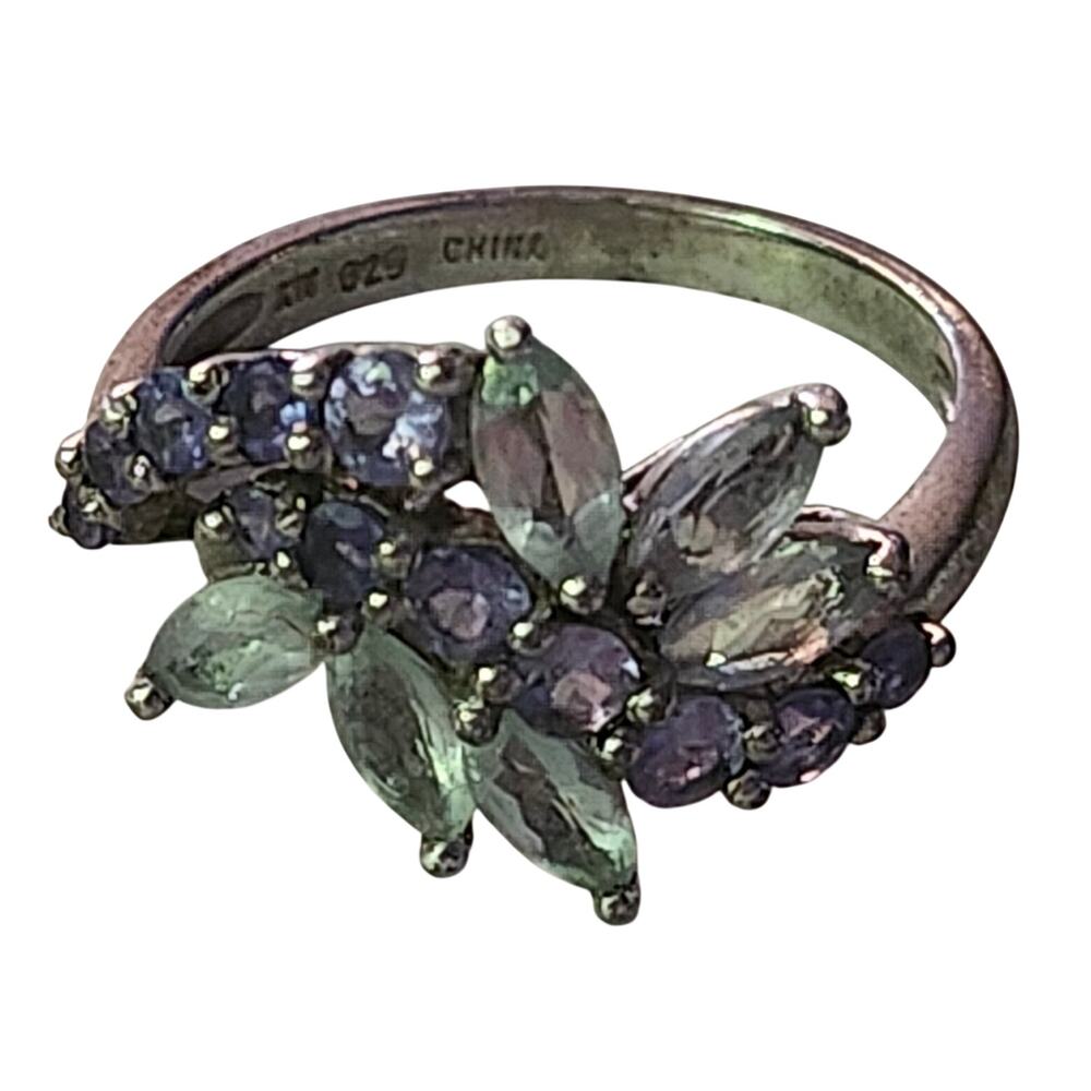 KN 925 Sterling Silver Tanzanite & White Topaz Cluster Cocktail Ring Size 10